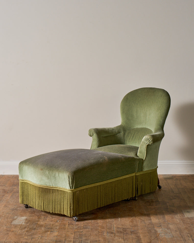 19th c. Napoleon III Green Armchair & Ottoman