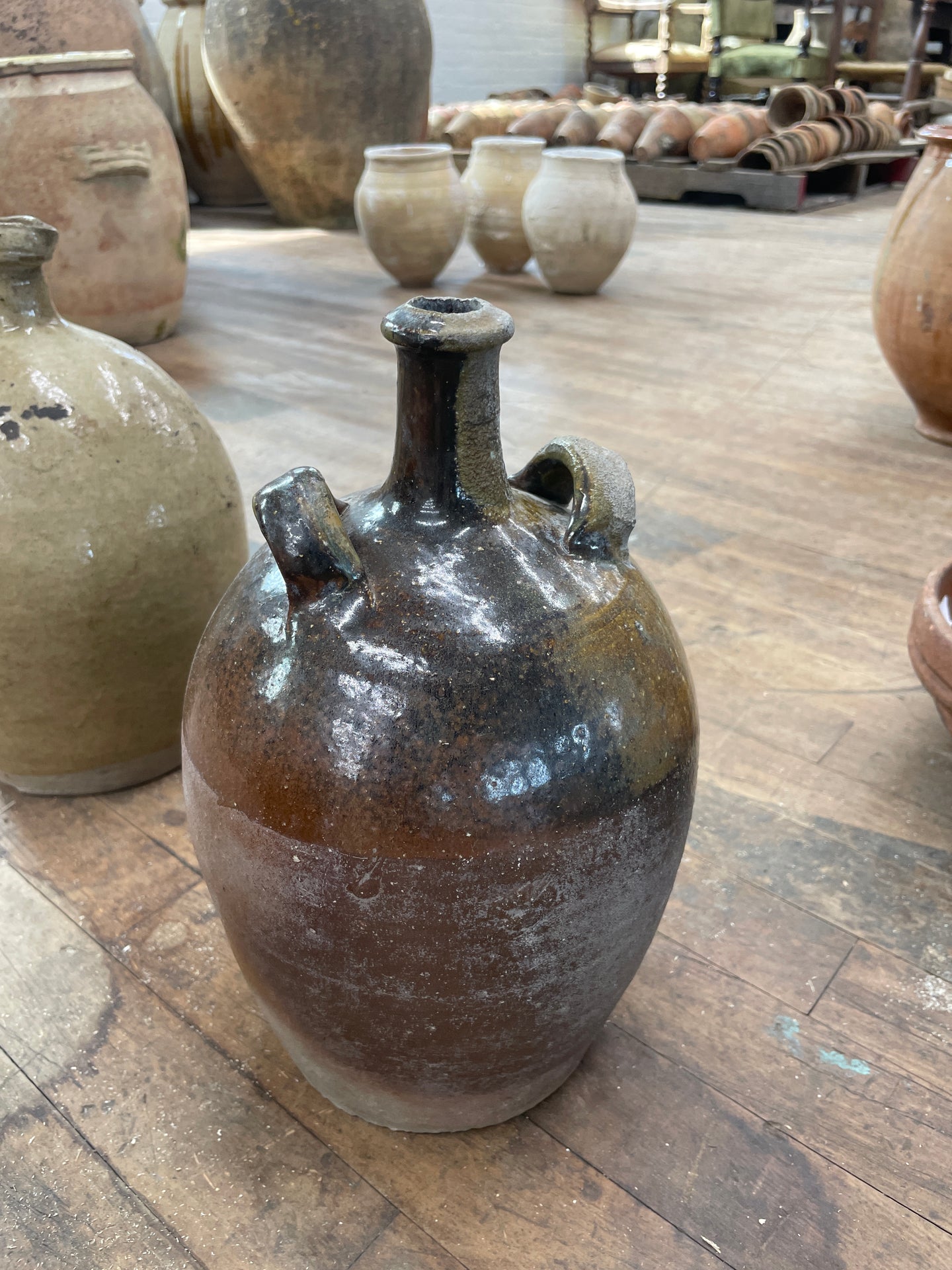 Antique French Chinon Two Handled Vase, Dark Glaze